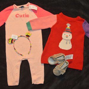 Baby Gap NWT Cutie Romper Snowman Dress Moccasin Headband 4 Piece Lot 3-6 Months